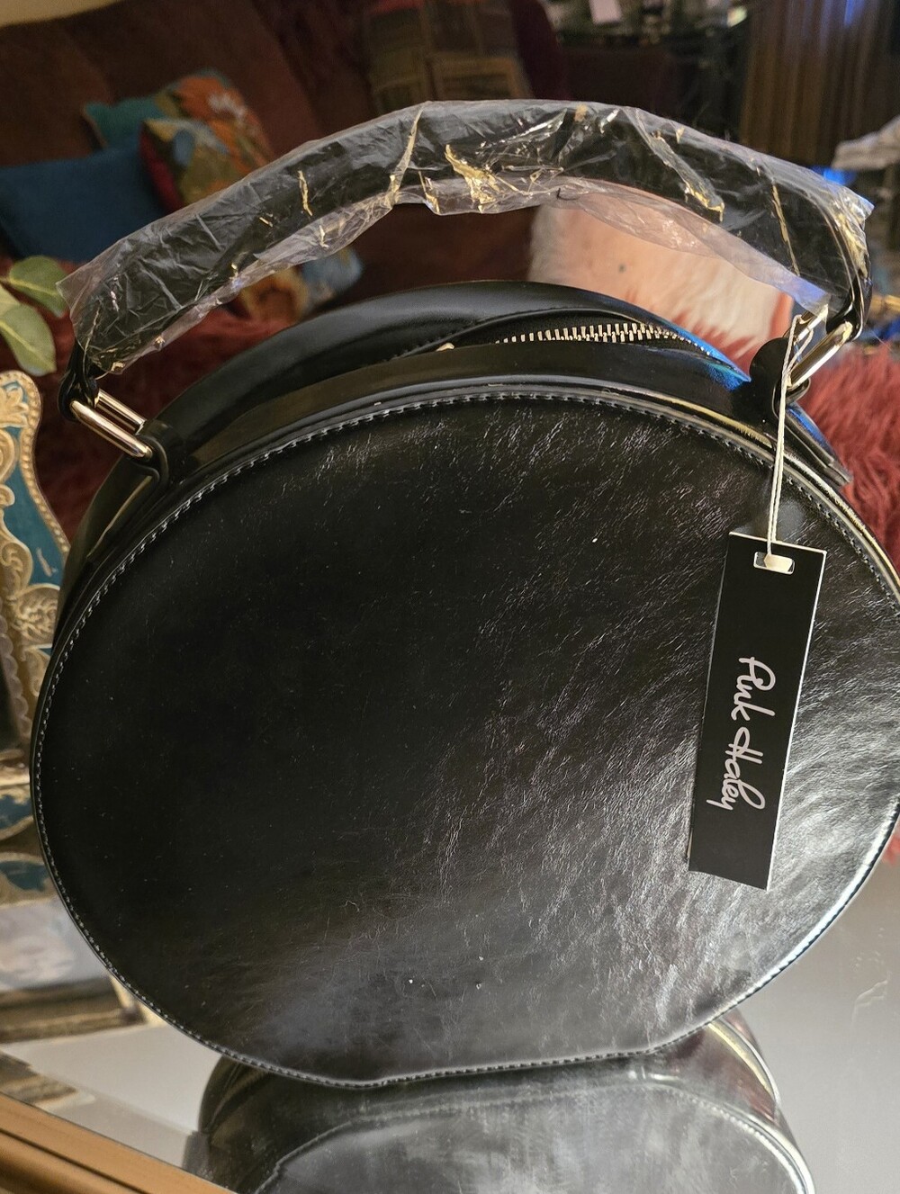 Black Round Leather Top-Handle Bag